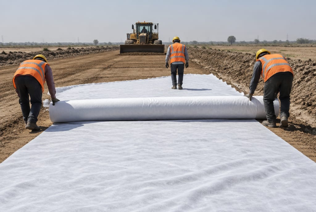 Crew unrolling non-woven geotextile across a prepared subgrade