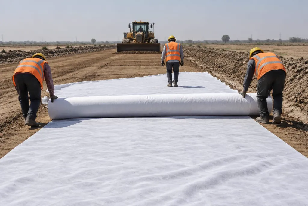 Crew unrolling non-woven geotextile across a prepared subgrade
