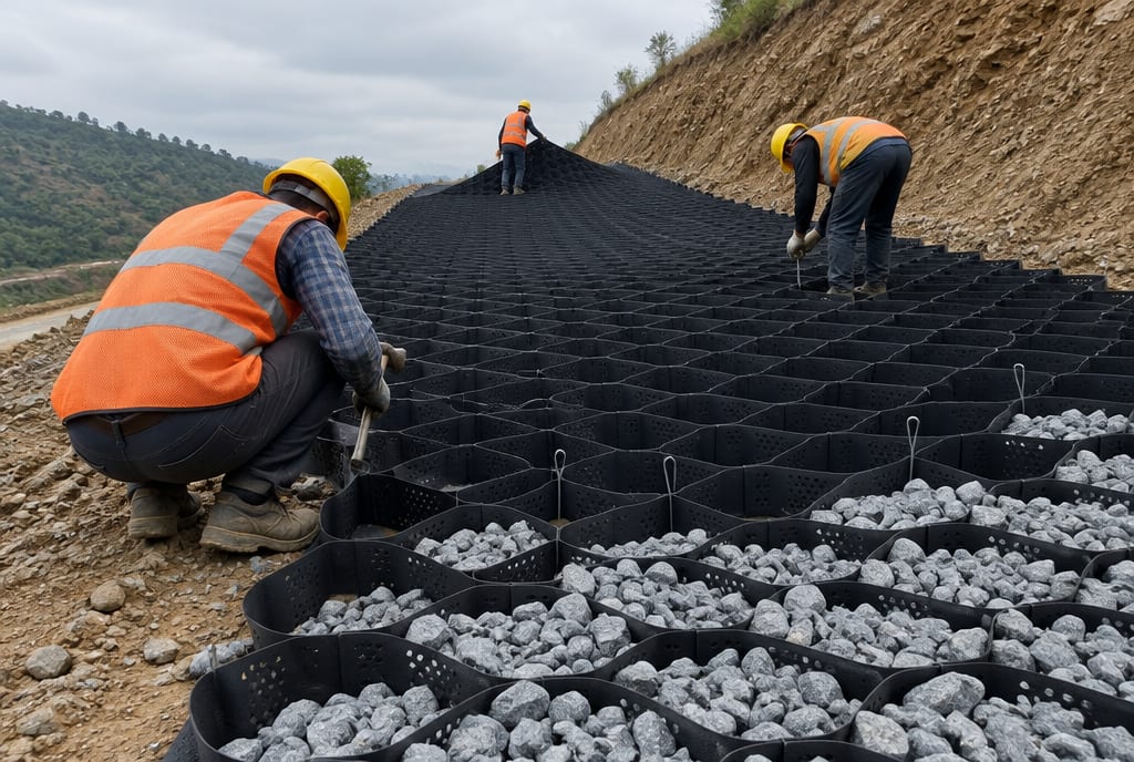 Crew expanding and pinning geocell panels on a cut slope