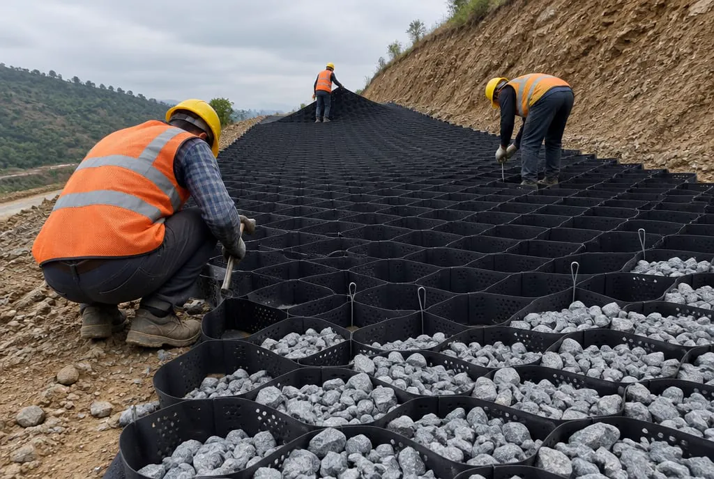 Crew expanding and pinning geocell panels on a cut slope