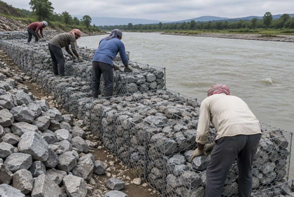 Crew filling gabion baskets with stone on a riverbank