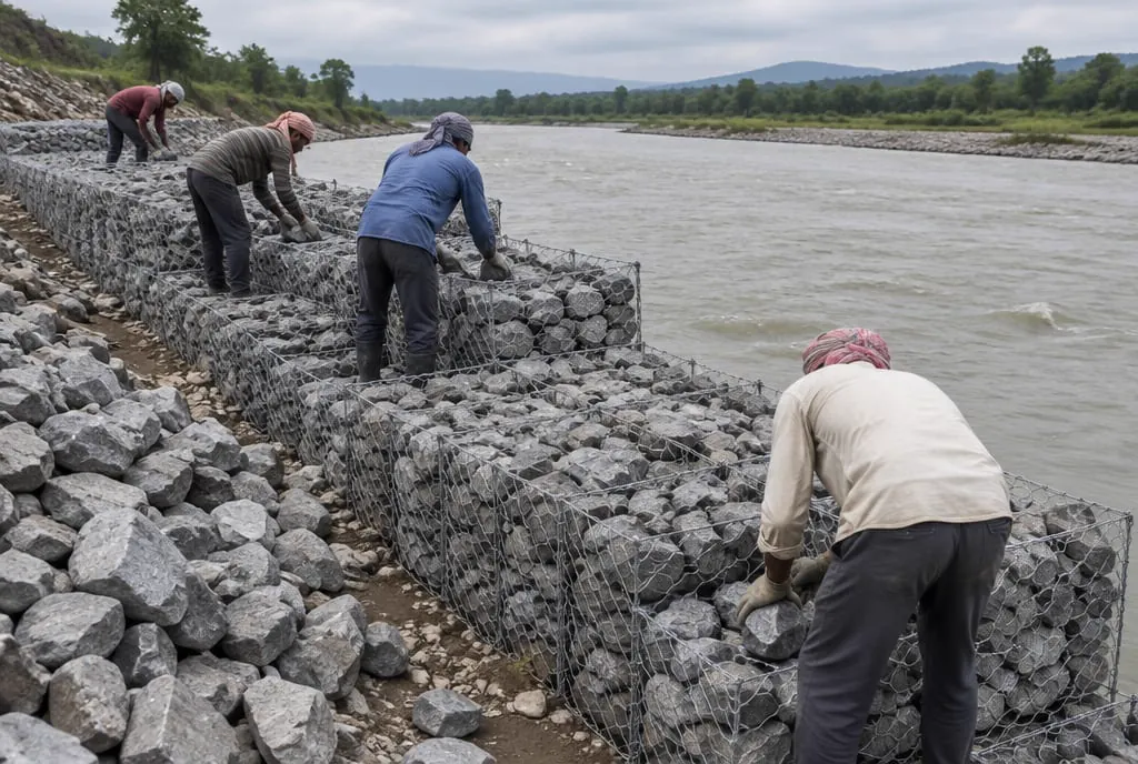 Crew filling gabion baskets with stone on a riverbank