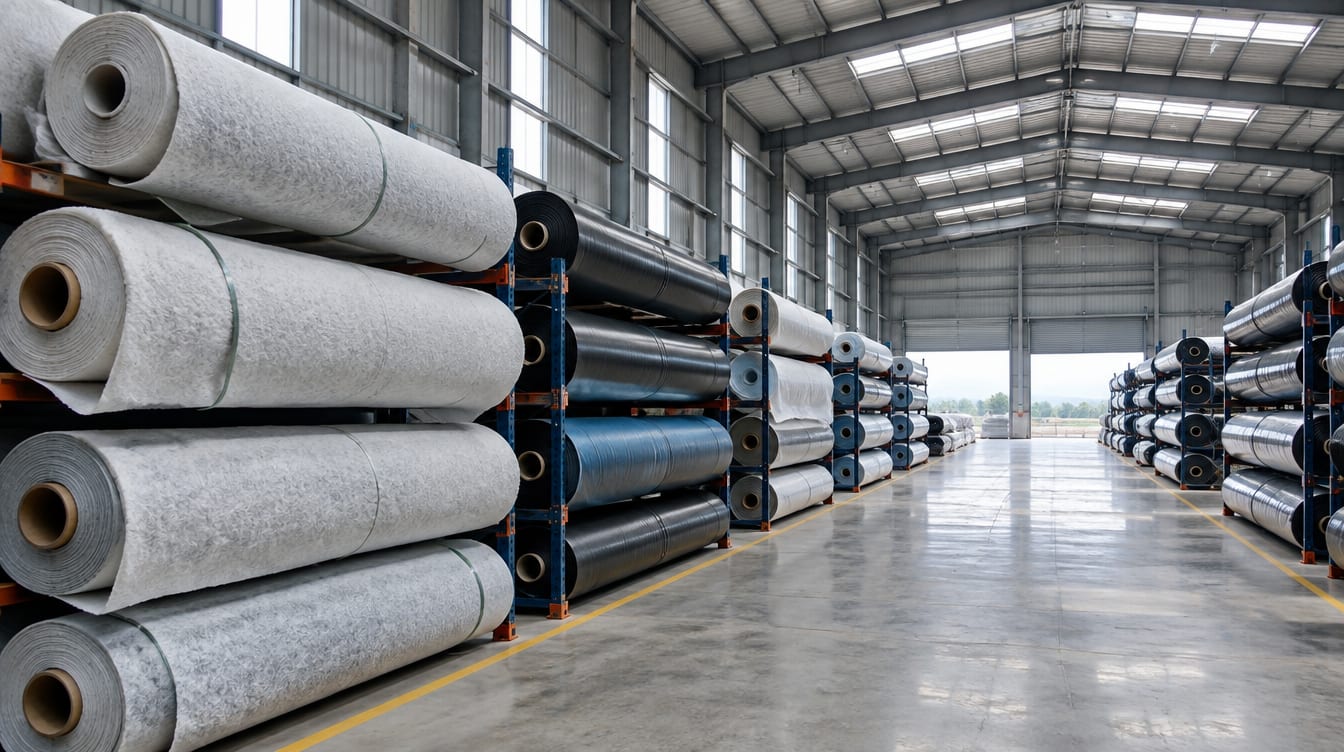 Warehouse interior with racks of geotextile and geomembrane rolls