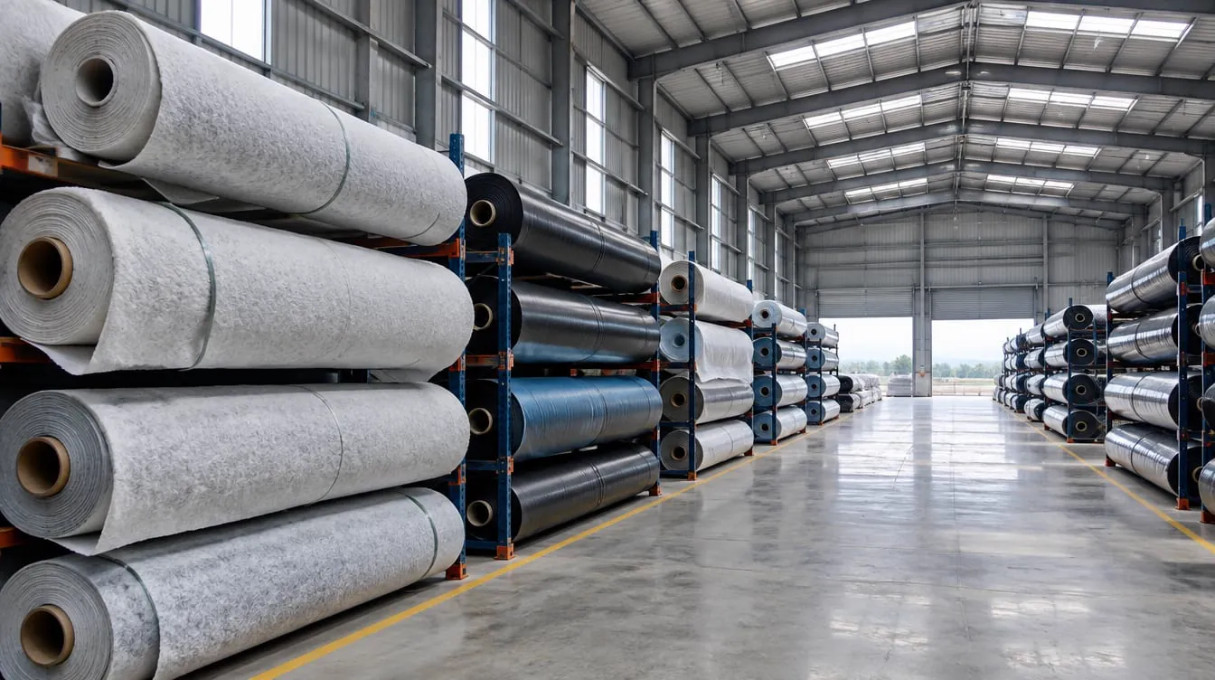 Warehouse interior with racks of geotextile and geomembrane rolls