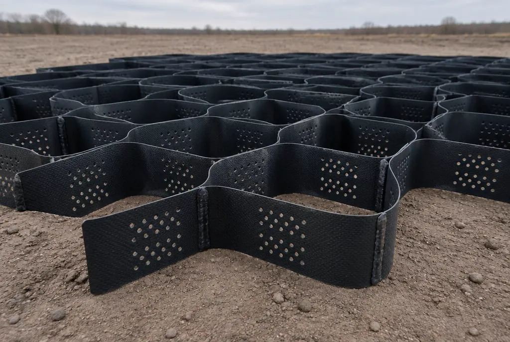 Black HDPE geocell panel expanded open on compacted soil