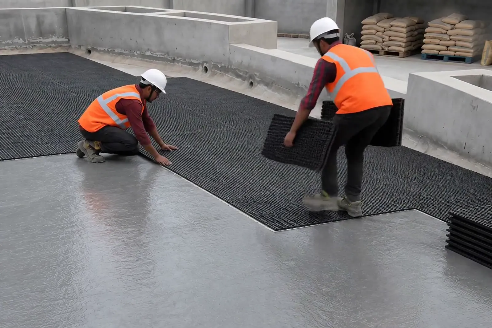 Crew laying RDC-20 drain cell boards on a waterproofed podium deck