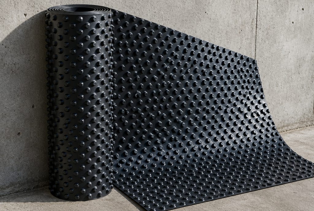 Roll of black HDPE dimple drainage sheet, studs visible
