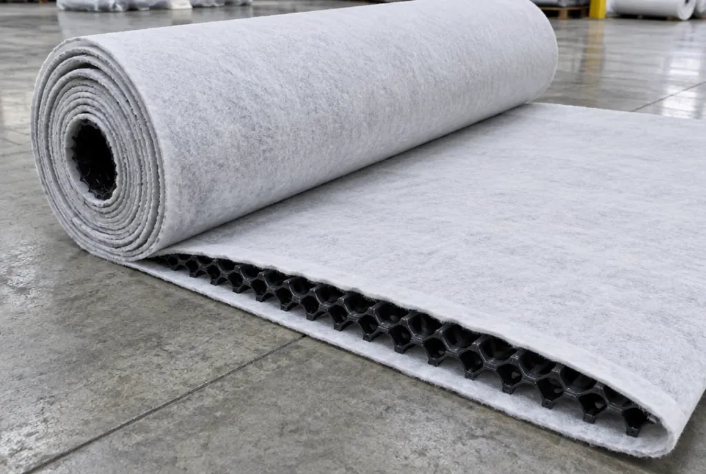 Roll of drainage geocomposite showing the net core between two geotextile layers