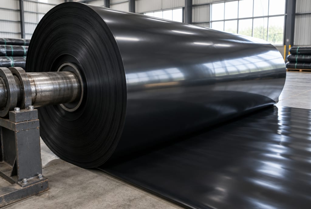 Large roll of smooth black HDPE geomembrane liner on a spindle