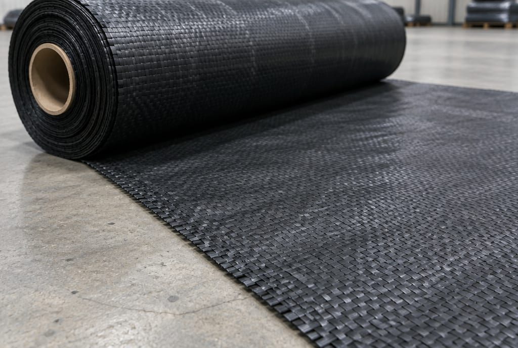 Roll of black woven polypropylene geotextile showing the tape weave