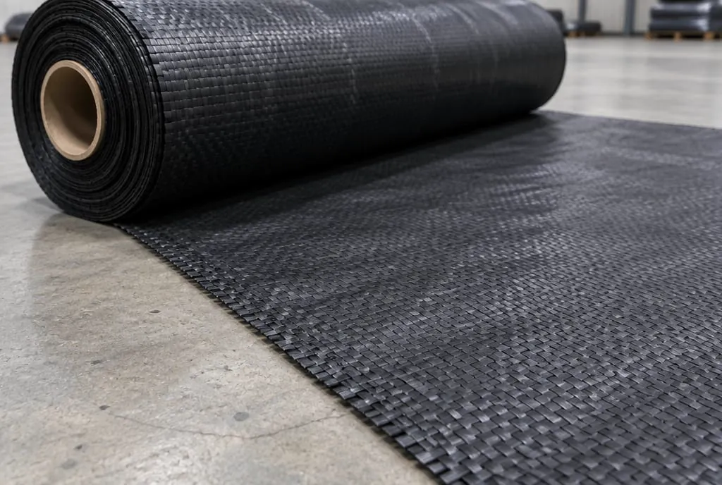 Roll of black woven polypropylene geotextile showing the tape weave